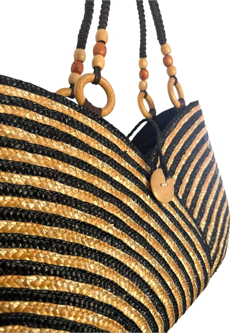 Woven Straw Tote Shoulder Bag in Black and Natural - Picture 3 of 6